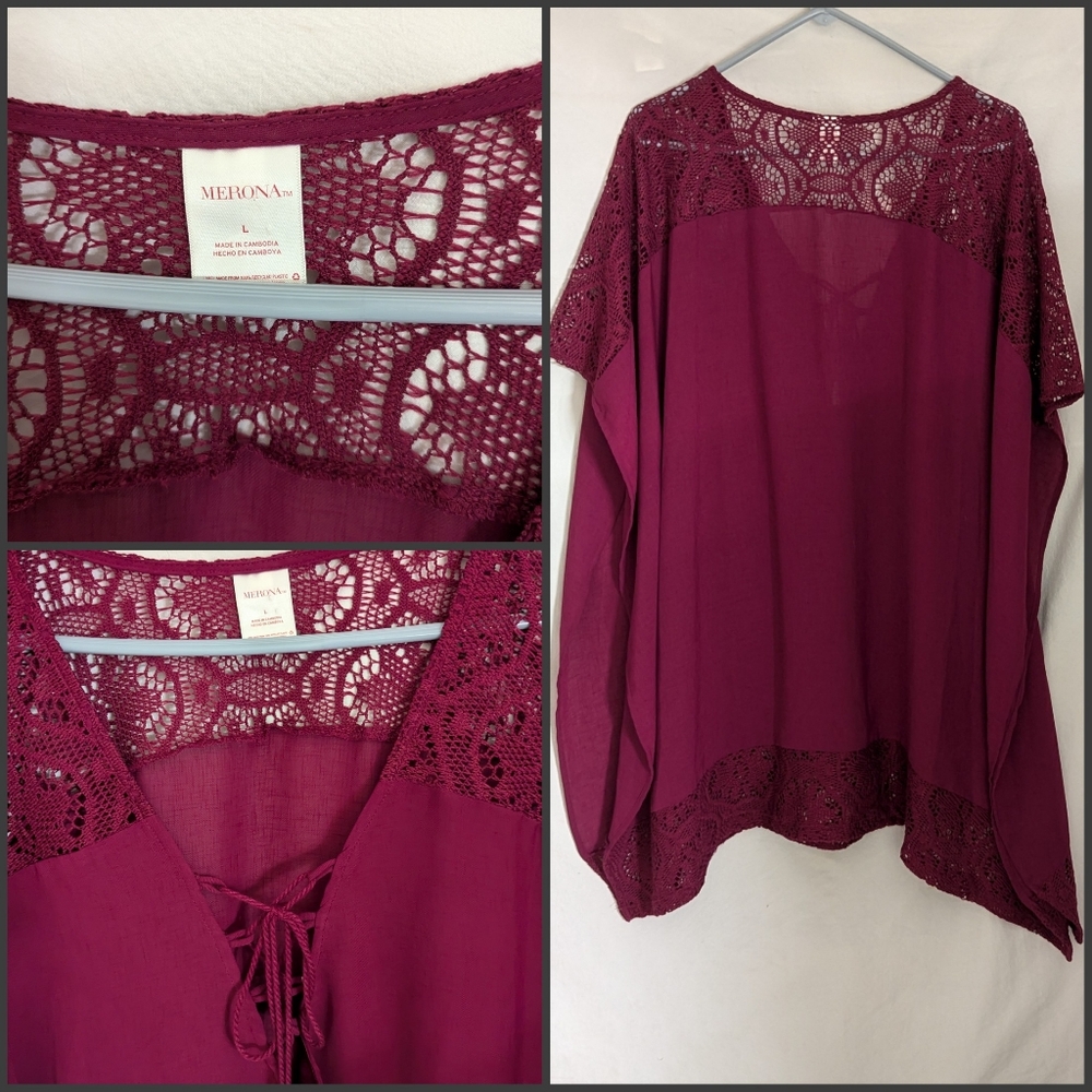 Merona coverup tunic top lace up sz L maroon